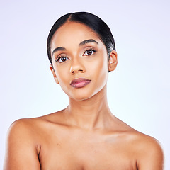 Image showing Beauty, skincare and cosmetics with portrait of woman in studio for makeup, glow and self care. Spa treatment, natural and dermatology with face of female model on white background for wellness