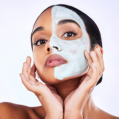 Image showing Portrait, face mask and woman in studio skincare, half and cosmetic treatment on grey background. Facial, hands and female wellness model with cream, comparison or result, beauty and satisfaction