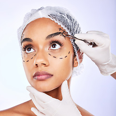 Image showing Plastic surgery, beauty and spa with face of woman in studio for filler, skincare and collagen. Anti aging, medical and cosmetics with person on white background for facial treatment and change