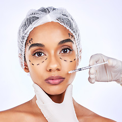 Image showing Plastic surgery, skincare and injection with portrait of woman in studio for lip filler, beauty and collagen. Spa treatment, medical and cosmetics with face of person on white background for facial