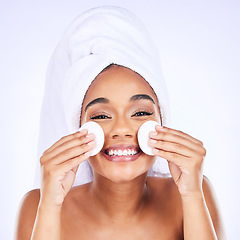 Image showing Skincare, cotton and woman portrait in studio for makeup removal, toner or hydration on white background. Smile, beauty and face of female model with facial pad for cleaning, glowing skin or wellness