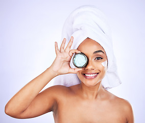 Image showing Cream container, portrait or woman smile for skincare glow, facial hydration or spa product wellness, anti aging or self care. Bathroom cosmetic, face sunscreen or morning person on purple background