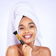 Image showing Makeup, portrait and happy woman with brush in studio for application, contour or cosmetic on white background. Face, smile and wellness model for beauty, cosmetology or tool after shower routine