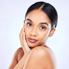 Image showing Beauty, makeup and cosmetics with portrait of woman in studio for skincare, glow and self care. Spa treatment, natural and dermatology with face of female model on white background for wellness