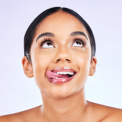 Image showing Makeup, tongue and face of woman in studio with eyelash, extensions and treatment on white background. Eyes, lashes and female wellness model with funny emoji for beauty, cosmetics or microblading