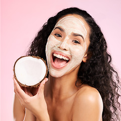 Image showing Mask, facial and portrait of woman with coconut for wellness, beauty and cosmetics on pink background. Dermatology, skincare and female person with fruit for organic detox, natural face and cleaning