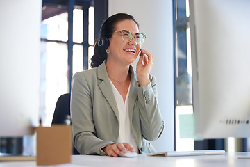 Image showing Call center, consulting and smile with business woman in office for communication, advice and customer service. Help desk, sales and contact us with employee for technical support and telemarketing