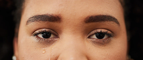 Image showing Woman, crying and portrait with tears in eyes from depression, mental health problem or anxiety for crisis in life. Sad, face and closep on person with grief, pain or depressed with emotions