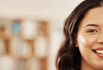 Image showing Happy, portrait and face of a young woman with a smile, makeup and cosmetics with space. Beauty, half and closeup of a female model person on a blurred background with a positive mindset and wellness