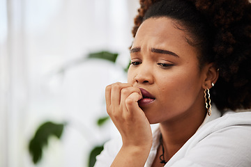 Image showing Anxiety, thinking and african girl in home or depressed with trauma or remembering a mistake. Worry, stress and sad with female person in living room with decision or problem or confused in life.