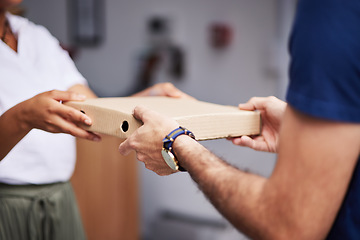 Image showing Hands, pizza box and delivery service for food, commerce and courier with remote customer experience at house. Man, woman and package for lunch, e commerce and shipping with supply chain employee