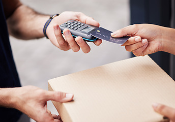 Image showing Hands, pizza and credit card for payment, delivery and fast food service on fintech, pos and courier in street. People, tap and transaction with package for lunch, box and shipping and supply chain