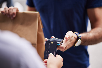 Image showing Hands, paper bag and delivery with credit card, payment and fintech for remote customer experience. Man, woman and package for lunch, e commerce and fast food shipping with supply chain employee