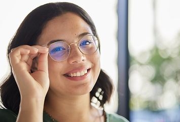 Image showing Woman, glasses and portrait with eyes, optometry and health with smile, choice and fashion in store. Girl, frame and lens for wellness, vision and shop for eyesight, decision and customer experience