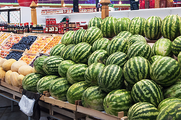 Image showing Ripe watermelons in farmer market