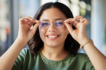 Image showing Woman, glasses and portrait with smile, optometry and health with eyes, choice and fashion in store. Girl, frame and lens for wellness, vision and shop for eyesight, decision and customer experience