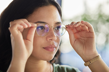 Image showing Woman, glasses and thinking with eyes, optometry and health with ideas, choice and fashion in store. Girl, frame and lens for wellness, vision and test for eyesight, decision and customer experience