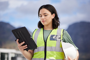 Image showing Thinking, engineering and woman with a tablet, outdoor and planning with renewable energy, safety and connection. Female person, architect and employee with technology, maintenance and inspection