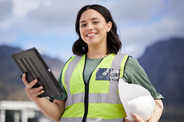 Image showing Portrait, engineering and woman with a tablet, outdoor and planning with website information, safety and connection. Female person, architect or employee with technology, online reading or inspection