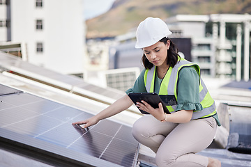 Image showing Solar panel, engineering ot woman with a tablet for planning, renewable energy or research. Connection, technology or photovoltaic maintenance with engineer for inspection, employee or sustainability