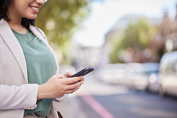 Image showing Outdoor, cellphone and business woman with hands for communication on internet in closeup. Professional female, reading and typing with technology in street for information or social media on app.