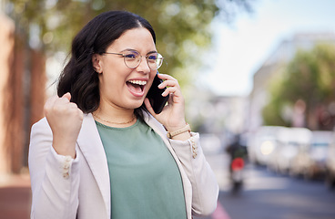 Image showing Phone call, excited and businesswoman in celebration in the city while walking in the street. Success, happy and professional female person on mobile conversation for job promotion in urban town.