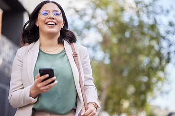 Image showing Phone, city and business woman thinking of communication, outdoor networking or social media marketing. Professional person or worker with mobile for career chat, travel and walking in urban park