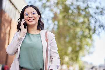 Image showing Phone call, city and business woman thinking of communication, networking and career opportunity for travel. Sidewalk, urban and professional person news, talking and outdoor walking with mobile voip