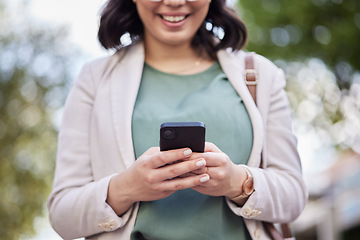 Image showing Hands, cellphone and business woman in outdoor for communication on online app or internet. Technology, reading and information for professional female in closeup on social media for networking.