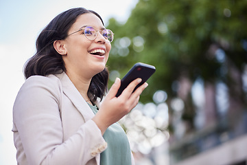 Image showing Phone, voice recording and businesswoman in the city on a loudspeaker call walking in the street. Technology, happy and professional female person on mobile conversation while commuting in urban town