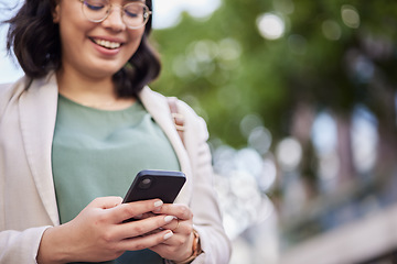 Image showing Reading, business woman and cellphone in outdoor for networking with communication on online app. Professional female, technology and typing on social media for information on website for career.