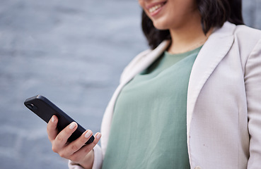 Image showing Professional, woman and hand with cellphone in outdoor for work with communication on internet. Technology, typing and business female with online app with information for employee on website.