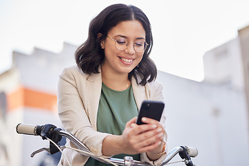 Image showing Phone, bicycle and business woman in city for search, carbon footprint and communication. Mobile app, eco friendly and networking with female employee for contact, technology and social media