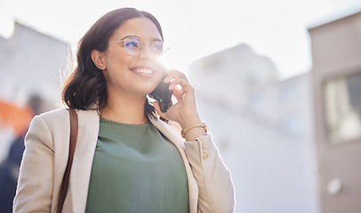 Image showing Business, woman and walking with phone call in the city and contact with network connection, communication or conversation. Hello, speaking and happy person outdoor on smartphone in the morning