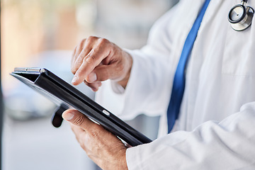 Image showing Tablet, doctor hands and person for healthcare information, results and online research or clinic management software. Typing, search and medical worker with digital technology for health services