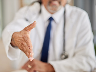 Image showing Handshake, meeting and doctor or man for welcome, introduction and thank you in healthcare service. Medical professional person shaking hands in patient POV consultation, advice or support in office