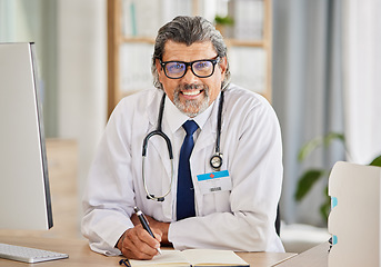 Image showing Portrait, man and doctor writing in notebook for healthcare schedule, planning and clinic management in office. Information, ideas and notes of medical worker or senior person at consultation desk