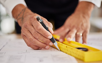 Image showing Hands, architecture and ruler for drawing blueprint, paper and engineering of project, building development and illustration. Closeup of man, designer and stationery for lines, sketch and floor plan