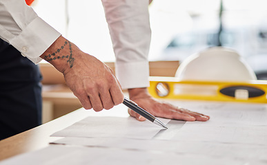 Image showing Hands, architecture and pen for drawing blueprint, project illustration or engineering process. Closeup, man or designer at documents, floor plan or paper to sketch renovation of building development