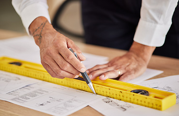 Image showing Closeup, hands and architect with blueprint, measurement and planning for new project construction. Zoom, engineering and male person with documents, architecture and equipment to check information