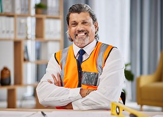 Image showing Architect, contractor and portrait of man in office for construction project management, development and planning property. Happy mature designer, building planner and engineering with arms crossed