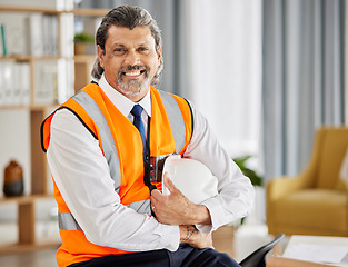 Image showing Construction, contractor and portrait of man in office for project management, development and industrial planning. Happy mature designer, building planner and engineering manager with safety helmet