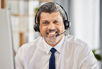 Image showing Call centre, happy and portrait of a man with a headset and a smile for customer service. Face of a mature male consultant or agent for technical support, help desk or crm advice and telemarketing