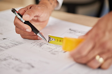 Image showing Hands, architecture and tape measure for drawing blueprint, illustration or engineering process of project. Closeup of designer with stationery for lines, property development or sketch of floor plan