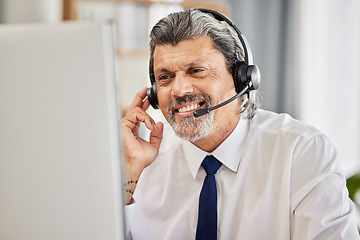 Image showing Happy, call centre and a man at a computer with a headset and a smile for customer service. Face of a mature male consultant or agent for technical support, help desk or crm advice and telemarketing