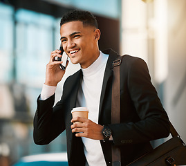 Image showing Phone call, coffee and a business man walking in the city on his morning commute for corporate work. Mobile, smile and a happy young male employee drinking tea while in an urban town for travel