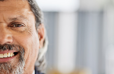 Image showing Closeup, senior man and happy portrait in office for professional mockup of businessman with mindset for success. Face, smile and person with happiness, focus and thinking of goals for the future