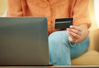 Image showing Credit card, hands and laptop for online shopping in home, digital payment and fintech password for ecommerce sales. Closeup of person, computer and internet banking for budget of financial account