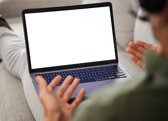 Image showing Laptop screen, mockup and man on sofa for webinar, video call and remote work from back. Communication, technology and training online, freelancer working as advisory consultant on home office couch.