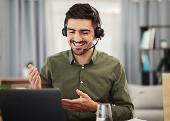 Image showing Laptop, smile and man in home office for webinar, video call and remote work with streaming seminar. Communication, technology and training online, freelancer working as advisory consultant in lounge